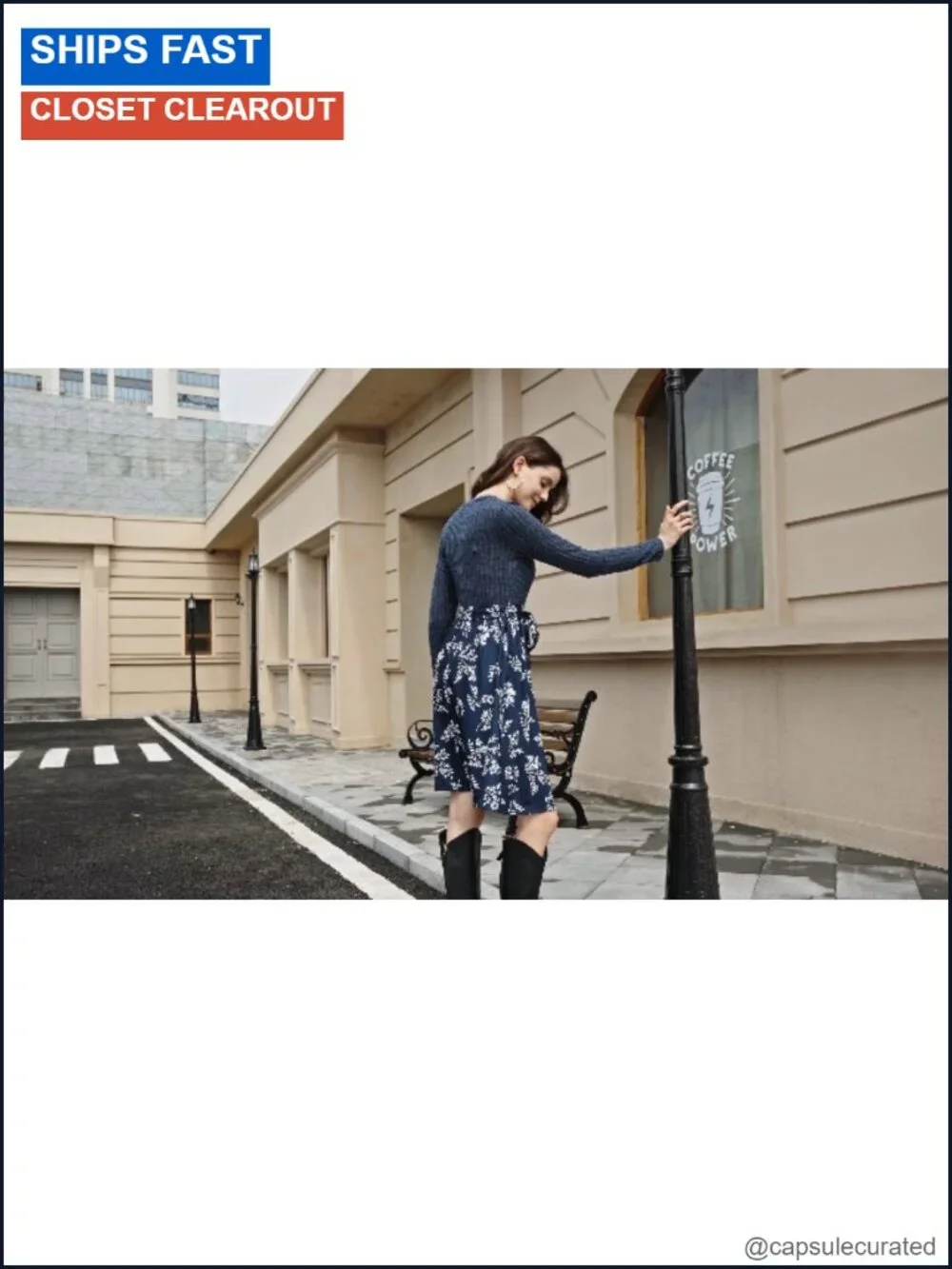 Women's Long Sleeve Sweater Dress with Pockets Crew Neck Midi A-Line Sash